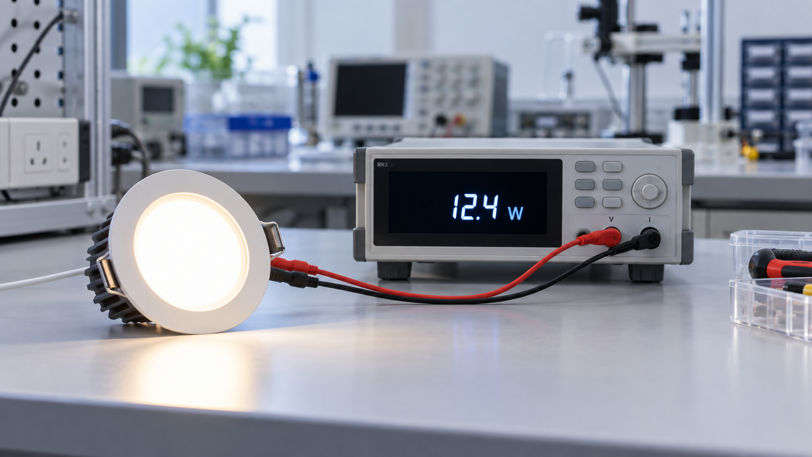 功率分析仪连接LED灯具并显示功率读数，ErP能效测试生成示意图
