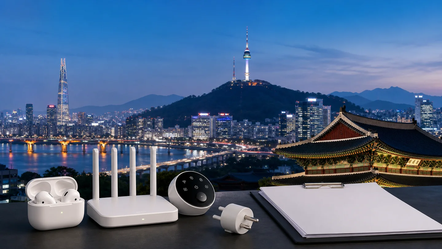 韩国首尔南山塔、宫殿与通信产品的主题合成图