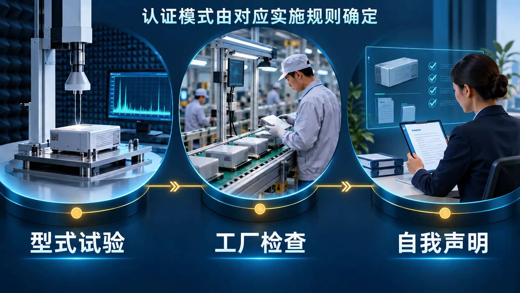 型式试验、工厂检查与自我声明三种认证环节并列示意,具体模式以实施规则为准