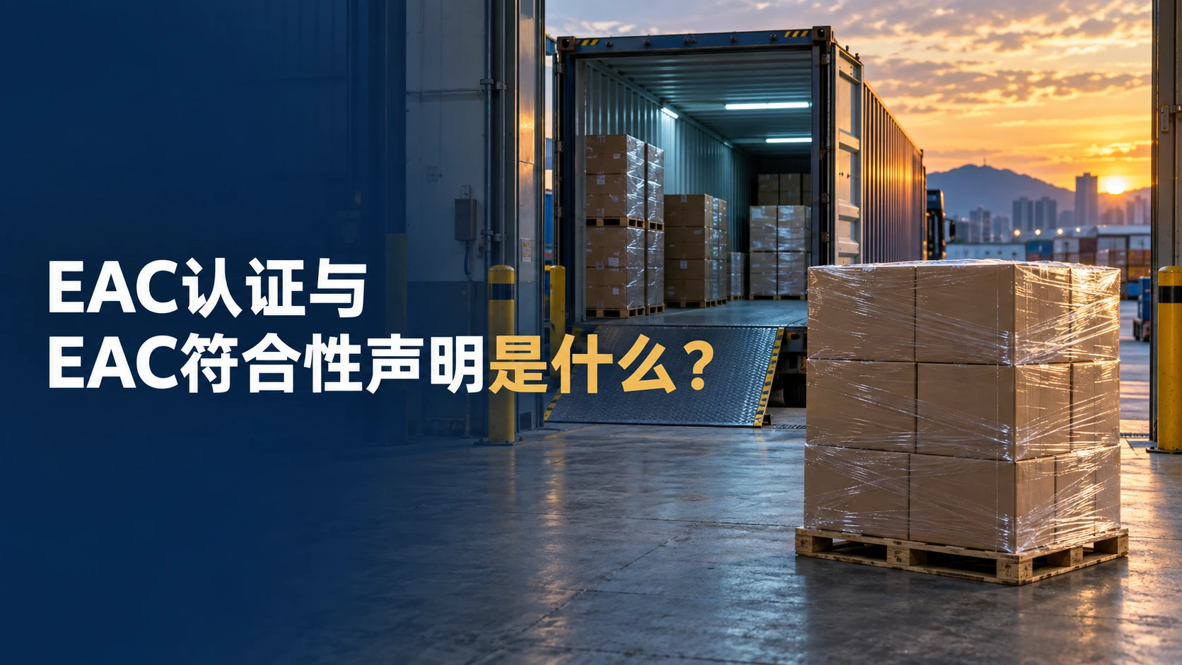 EAC认证与EAC符合性声明是什么文章封面，工厂月台上待装入集装箱的出口货物托盘