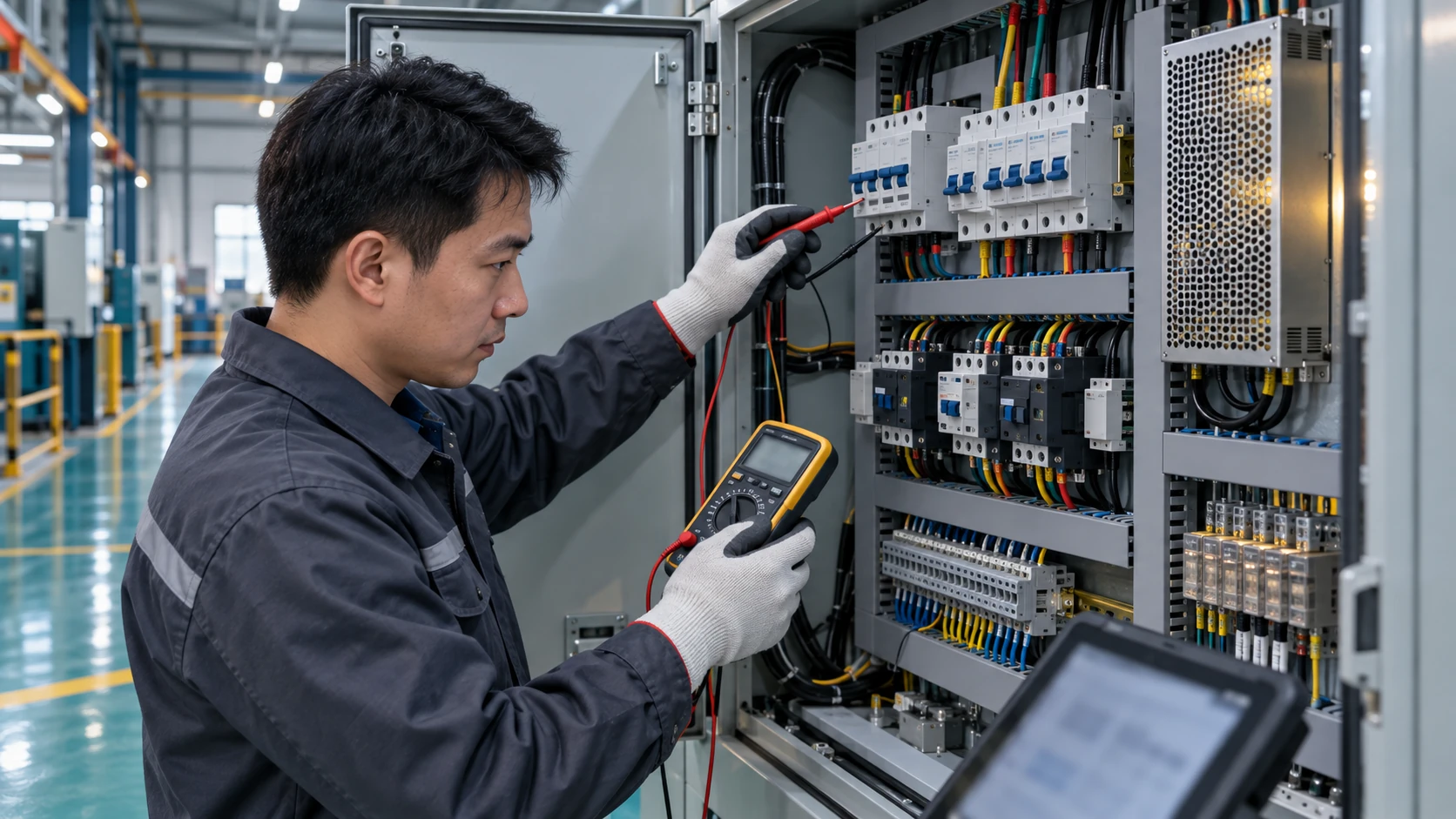电气工程师测量工业控制柜的输入电压,示意按用途和电压判断适用的技术法规