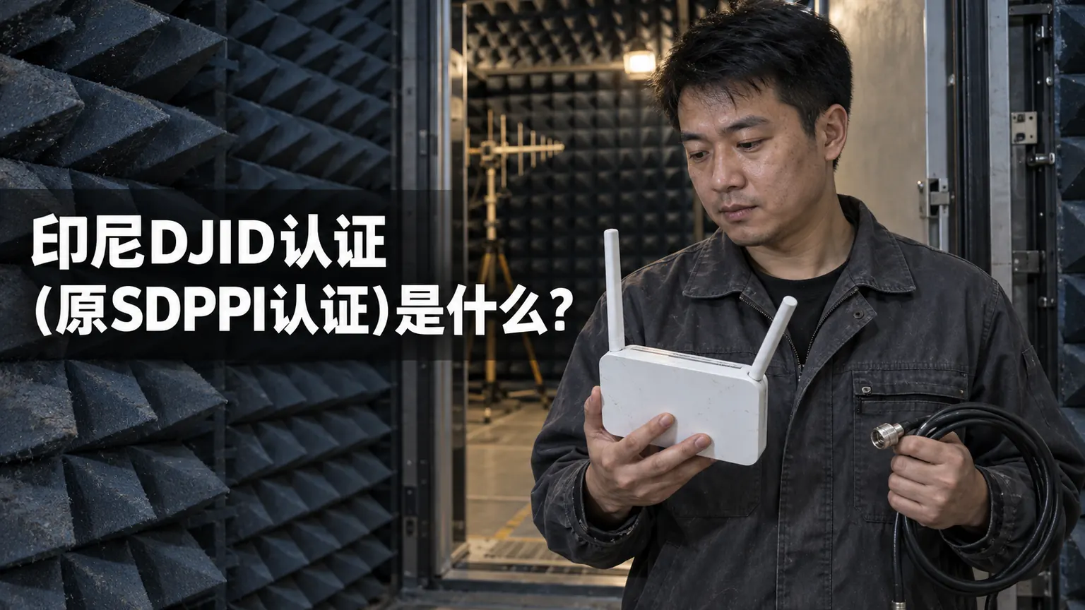 印尼DJID认证（原SDPPI认证）是什么？文章封面，射频工程师在电波暗室检查无线路由器