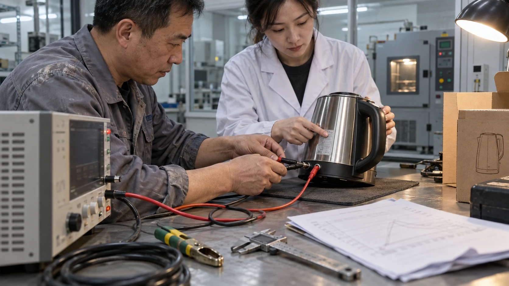 测试工程师与检验员核对样机报告和装运货物