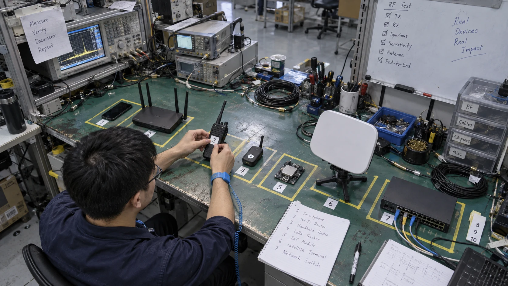 工程师在实验室分类手机路由器物联网模组与基站设备