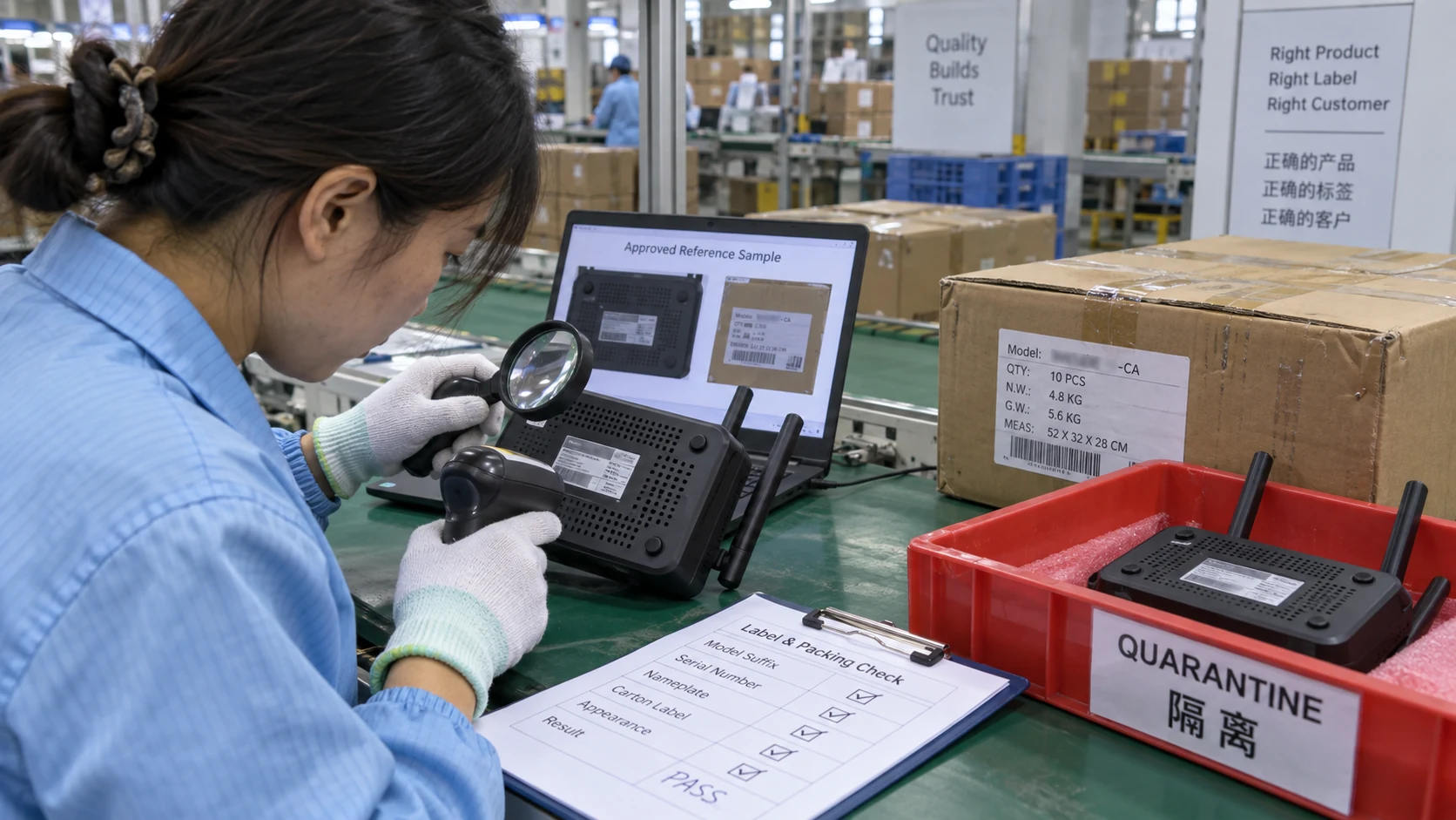 工厂包装线员工核对型号铭牌CA标签与IMEI信息