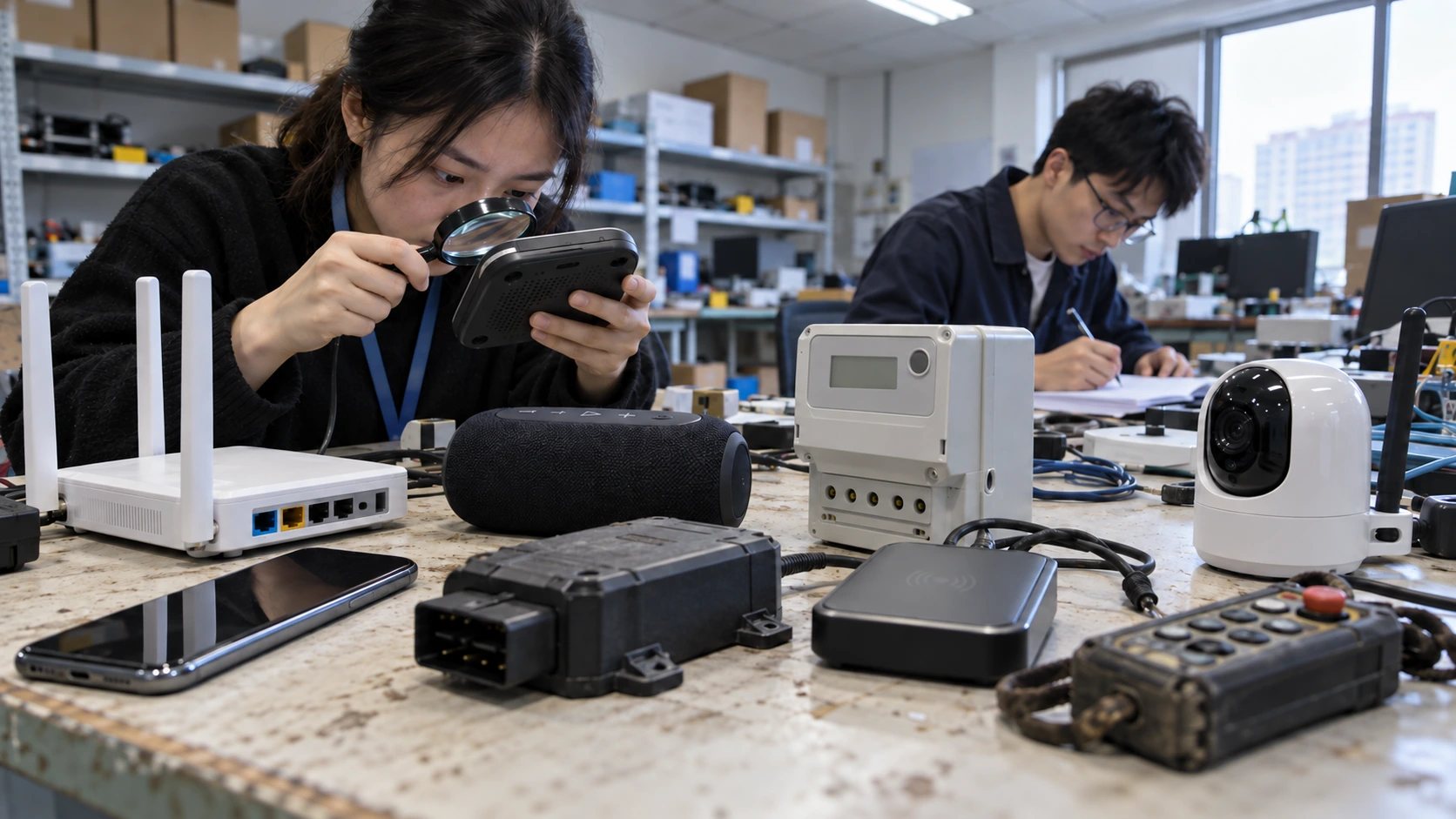 普通产品实验台上拆出Wi-Fi模组、蜂窝模组、天线和有线接口逐项判定