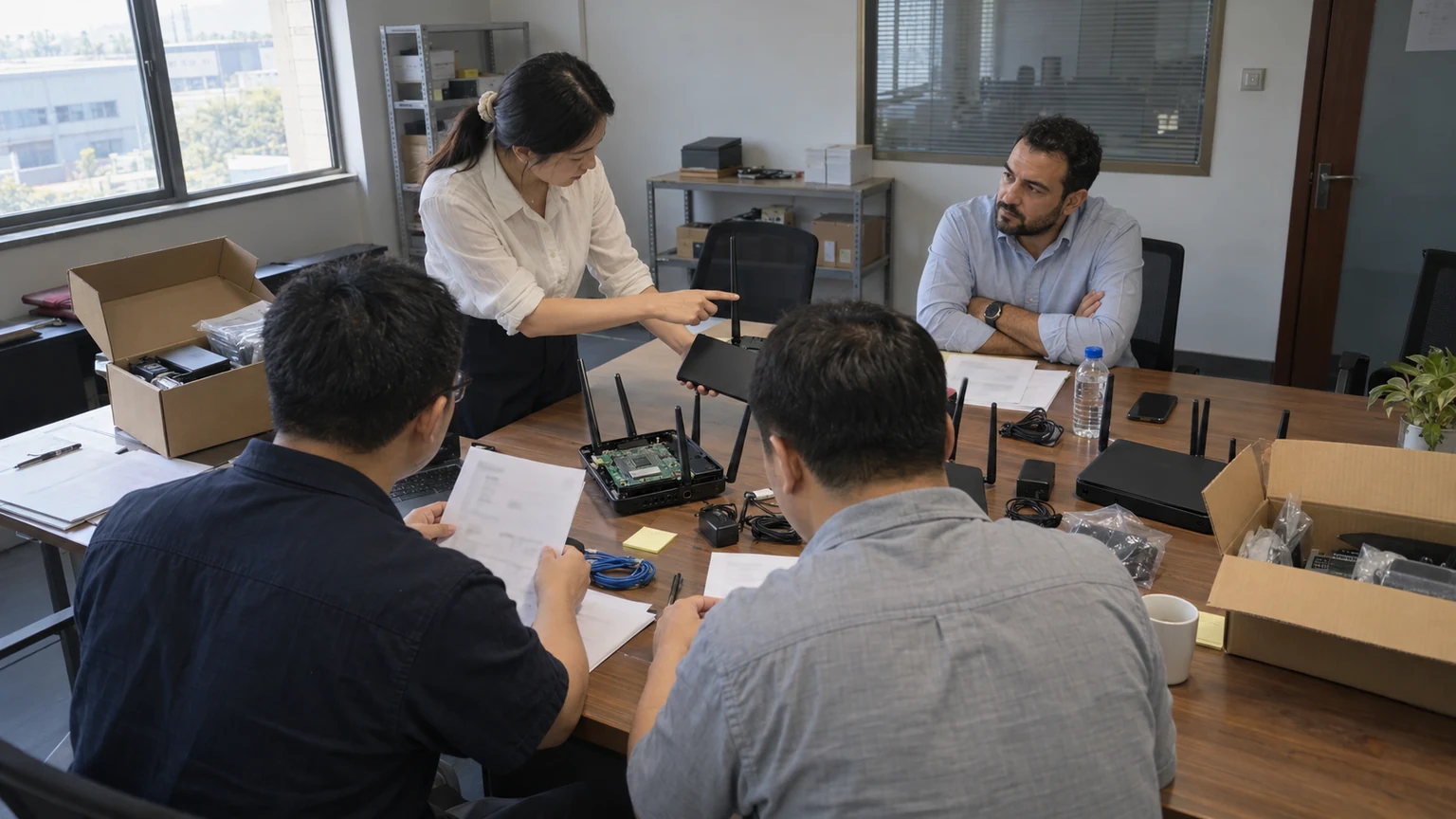 出口前复核会上团队逐项排查型号借用、频段、天线、标签和进口数据风险