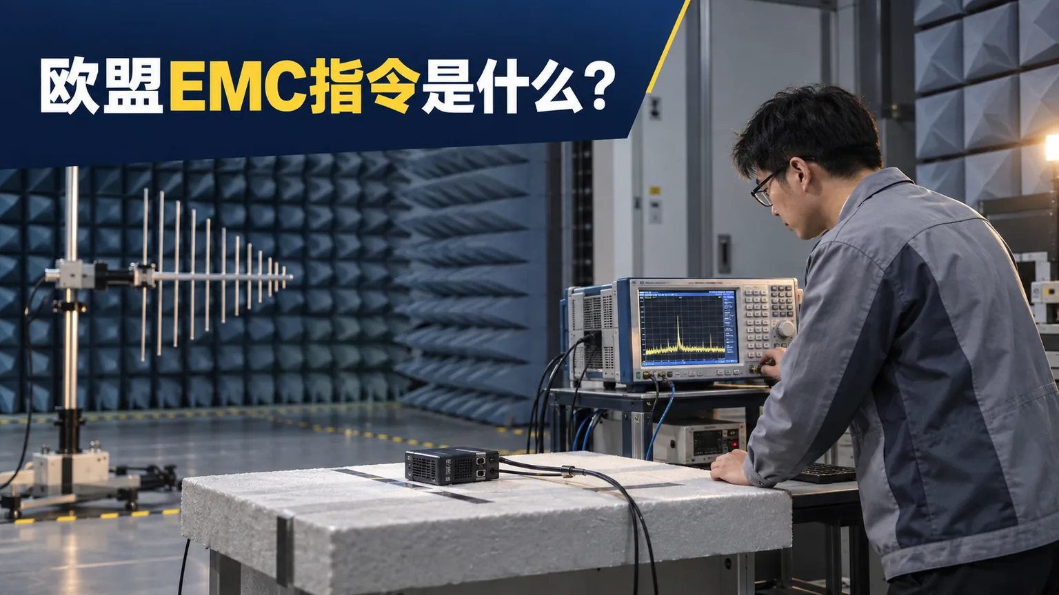 欧盟EMC指令是什么？文章封面，工程师在EMC暗室进行产品测试