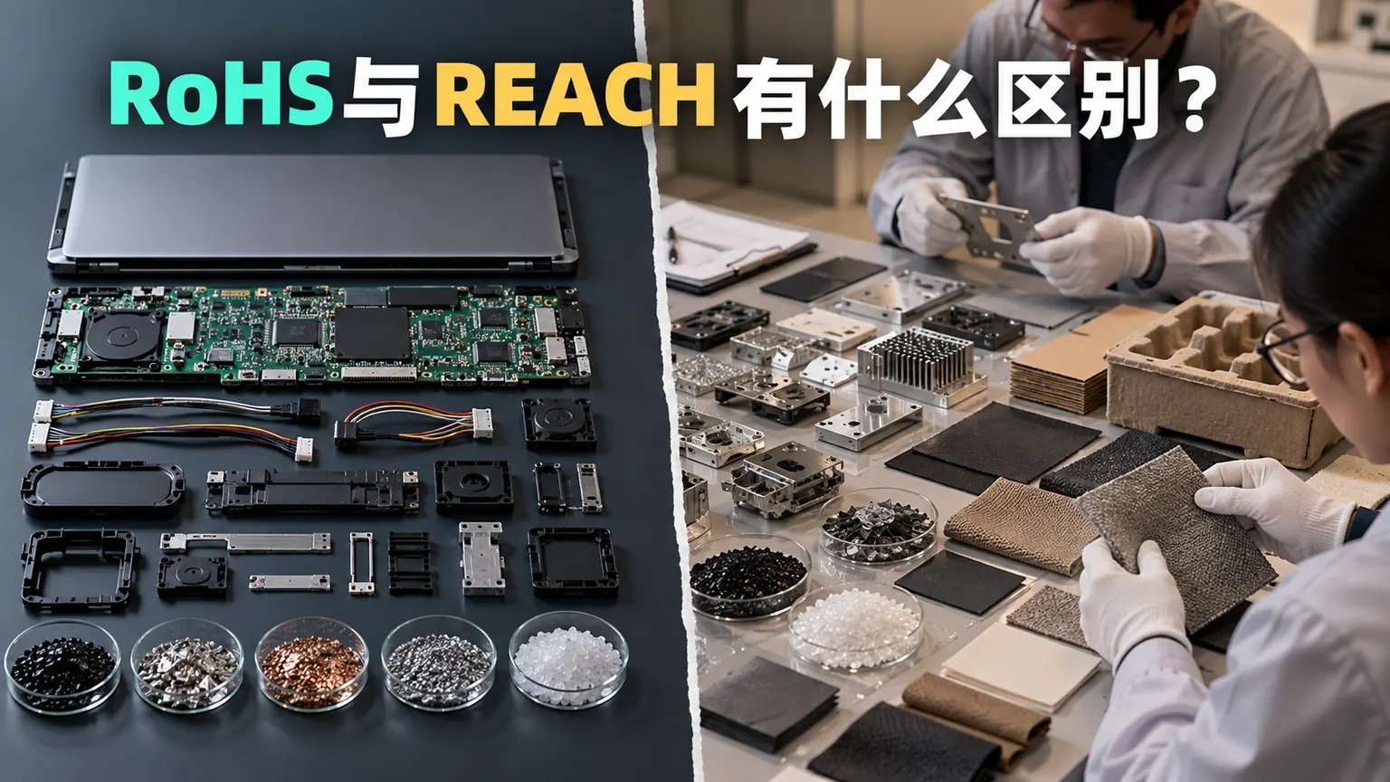 RoHS与REACH有什么区别文章封面，电子均质材料与跨行业物品对比