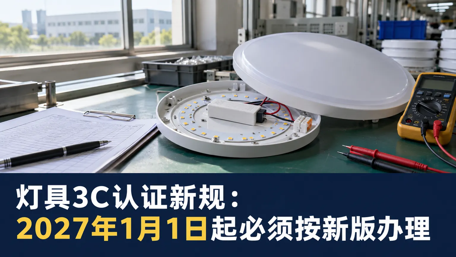 灯具3C认证新规文章封面,展示灯具产品与2027年新版办理提示