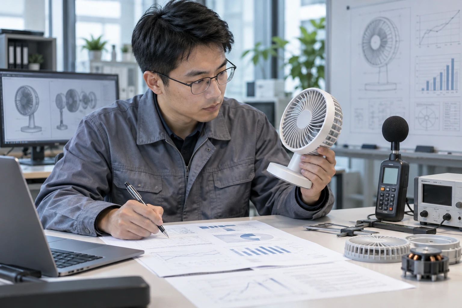 产品工程师核对小风扇指标、试验方法及样机的AI示意