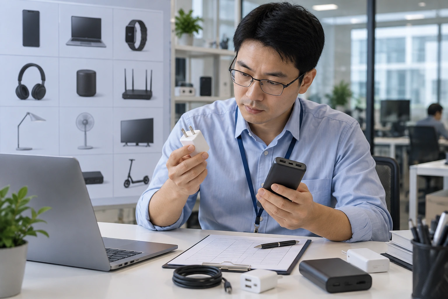 工程师将电源适配器和移动电源分别进行产品分类核对的AI示意