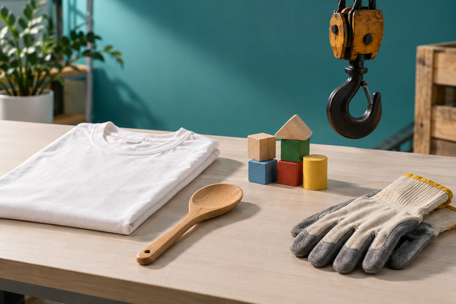 普通衣物、餐具、玩具和防护用品按实际用途分类的AI示意场景