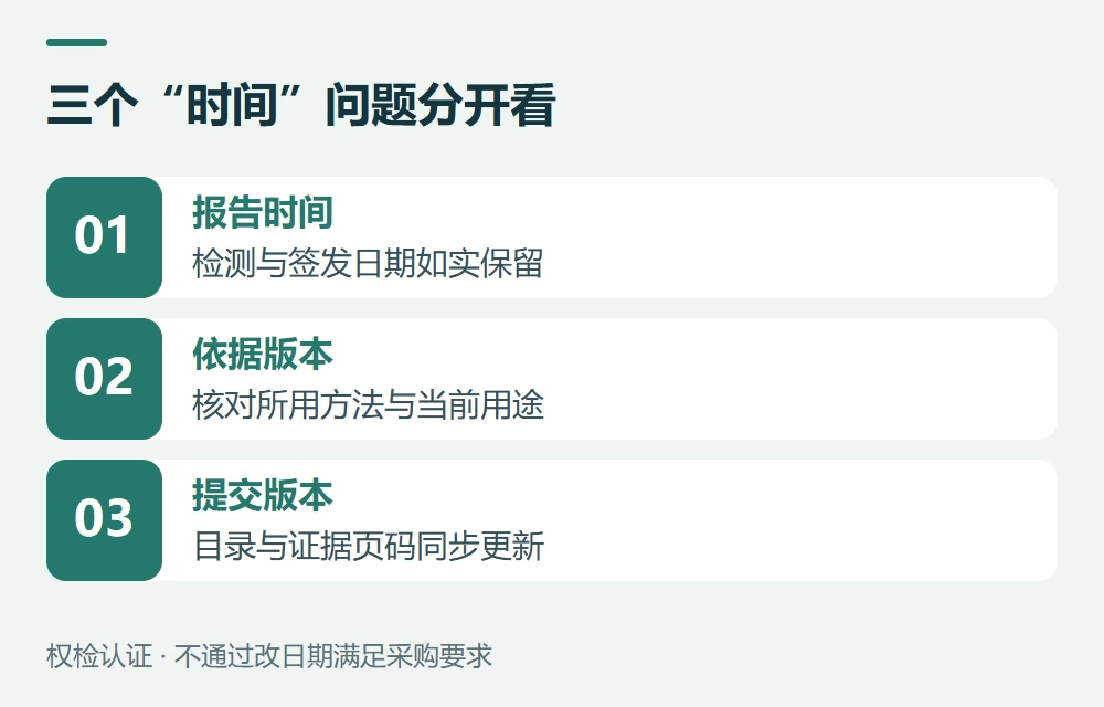三个“时间”问题分开看:报告时间,检测与签发日期如实保留;依据版本,核对所用方法与当前用途;提交版本,目录与证据页码同步更新