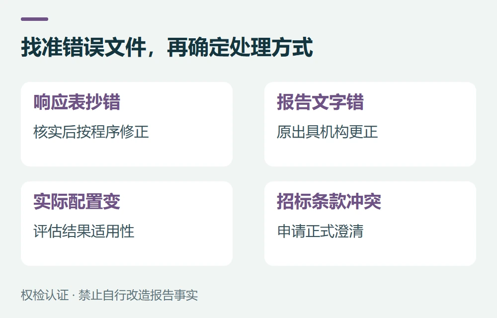 找准错误文件,再确定处理方式:响应表抄错,核实后按程序修正;报告文字错,原出具机构更正;实际配置变,评估结果适用性;招标条款冲突,申请正式澄清