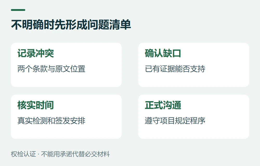 不明确时先形成问题清单:记录冲突,两个条款与原文位置;确认缺口,已有证据能否支持;核实时间,真实检测和签发安排;正式沟通,遵守项目规定程序