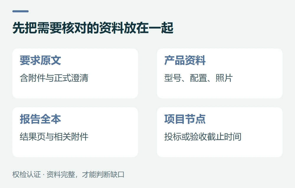 先把需要核对的资料放在一起:要求原文,含附件与正式澄清;产品资料,型号、配置、照片;报告全本,结果页与相关附件;项目节点,投标或验收截止时间