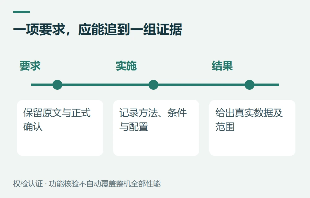 一项要求,应能追到一组证据:要求,保留原文与正式确认;实施,记录方法、条件与配置;结果,给出真实数据及范围