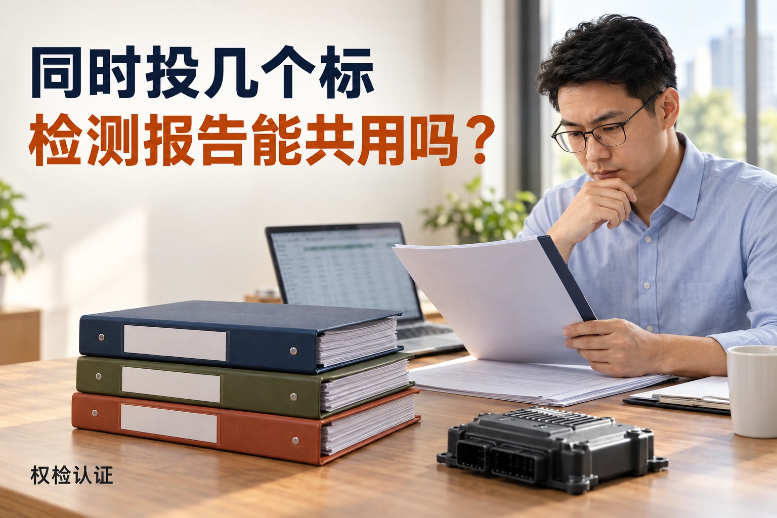 同时投几个标,检测报告能共用吗?|权检认证,AI生成业务场景示意