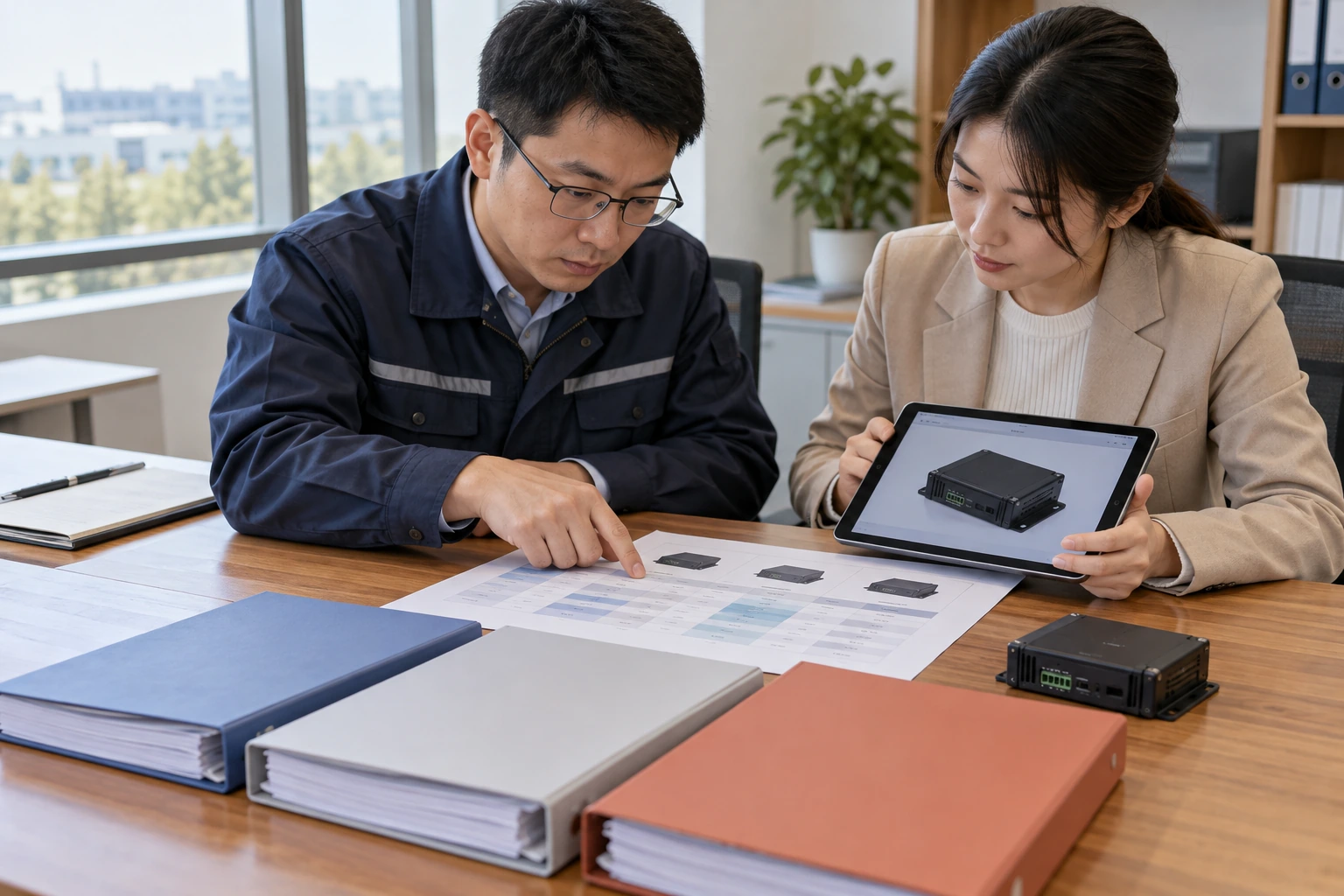 技术与商务人员并排核对多个项目文件及产品配置的AI示意场景