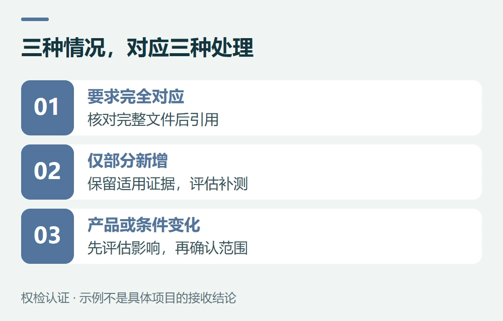 三种情况,对应三种处理:要求完全对应,核对完整文件后引用;仅部分新增,保留适用证据,评估补测;产品或条件变化,先评估影响,再确认范围