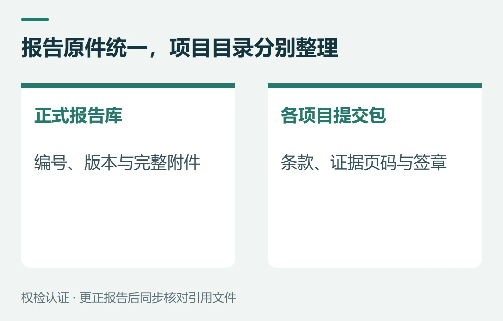 报告原件统一保存,各项目分别整理条款、证据页码与签章