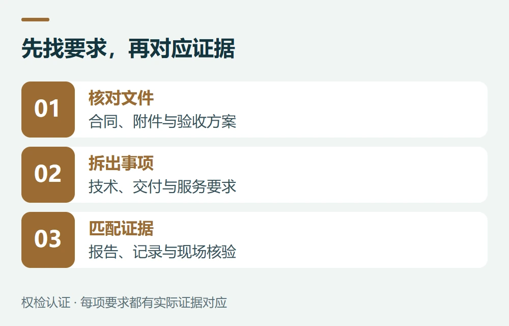 先找要求,再对应证据:核对文件,合同、附件与验收方案;拆出事项,技术、交付与服务要求;匹配证据,报告、记录与现场核验