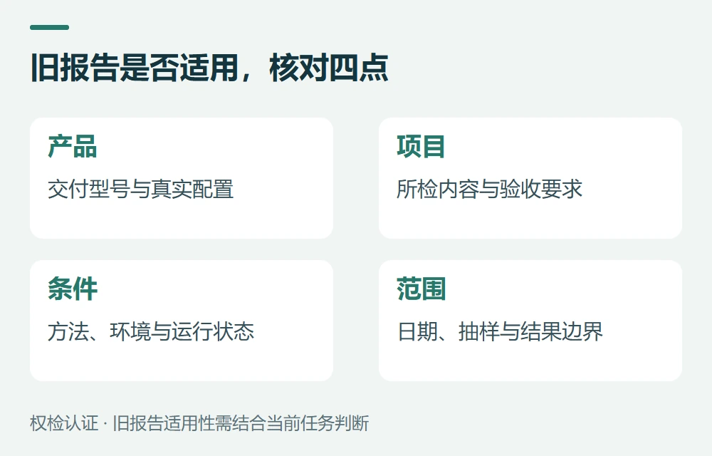 旧报告是否适用,核对四点:产品,交付型号与真实配置;项目,所检内容与验收要求;条件,方法、环境与运行状态;范围,日期、抽样与结果边界