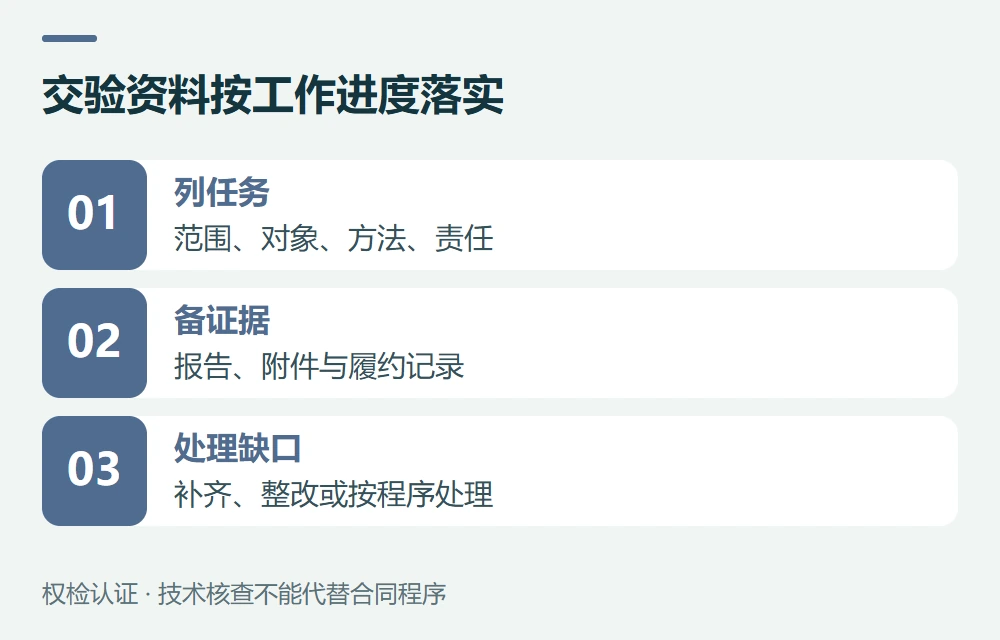交验资料按工作进度落实:列任务,范围、对象、方法、责任;备证据,报告、附件与履约记录;处理缺口,补齐、整改或按程序处理