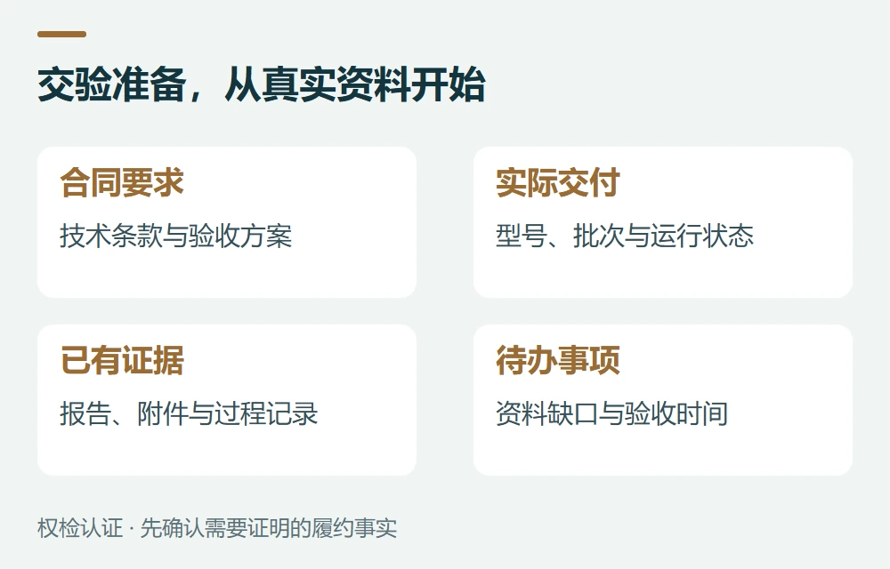 交验准备,从真实资料开始:合同要求,技术条款与验收方案;实际交付,型号、批次与运行状态;已有证据,报告、附件与过程记录;待办事项,资料缺口与验收时间