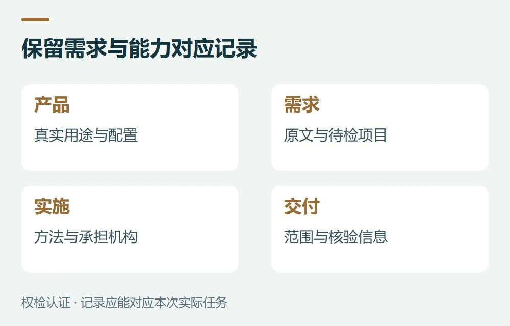 保留需求与能力对应记录:产品,真实用途与配置;需求,原文与待检项目;实施,方法与承担机构;交付,范围与核验信息