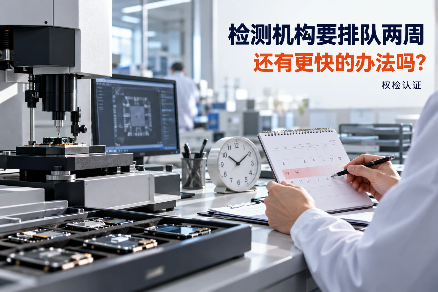 检测机构说要排队两周,有更快的吗?|权检认证,AI生成业务场景示意