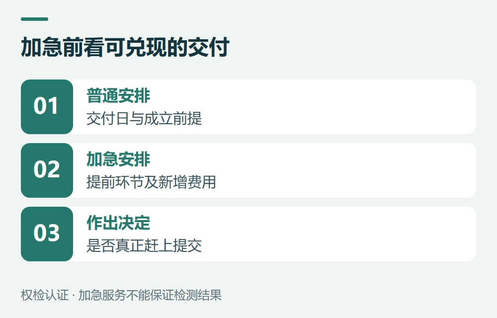 加急前看可兑现的交付:普通安排,交付日与成立前提;加急安排,提前环节及新增费用;作出决定,是否真正赶上提交