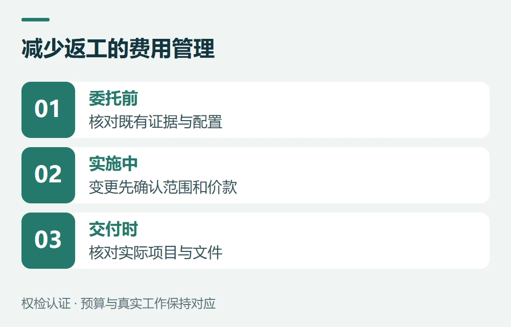 减少返工的费用管理:委托前,核对既有证据与配置;实施中,变更先确认范围和价款;交付时,核对实际项目与文件