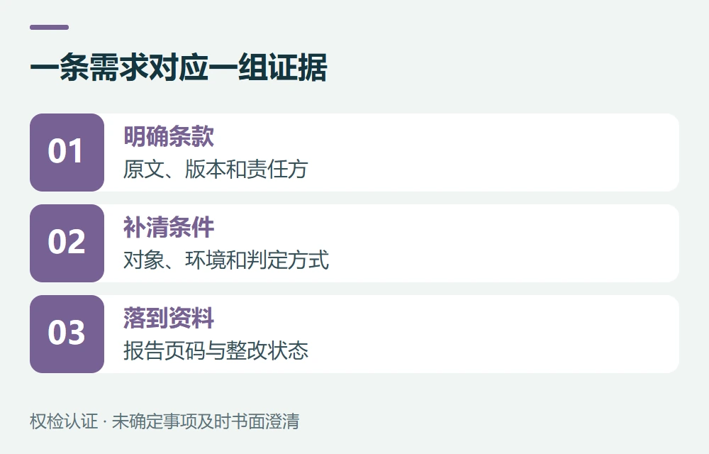 一条需求对应一组证据:明确条款,原文、版本和责任方;补清条件,对象、环境和判定方式;落到资料,报告页码与整改状态