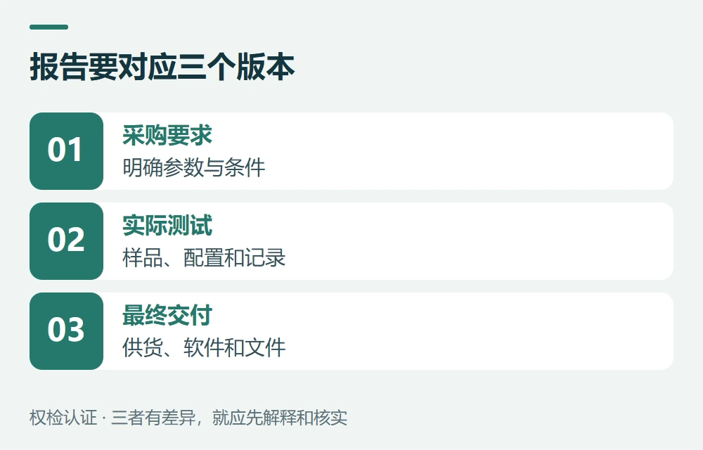 报告要对应三个版本:采购要求,明确参数与条件;实际测试,样品、配置和记录;最终交付,供货、软件和文件