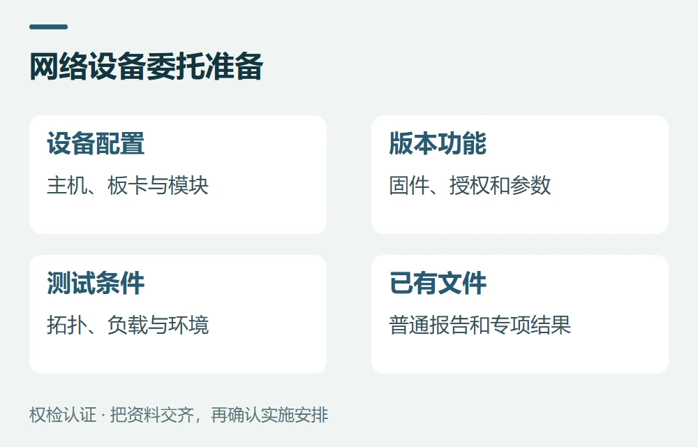 网络设备委托准备:设备配置,主机、板卡与模块;版本功能,固件、授权和参数;测试条件,拓扑、负载与环境;已有文件,普通报告和专项结果