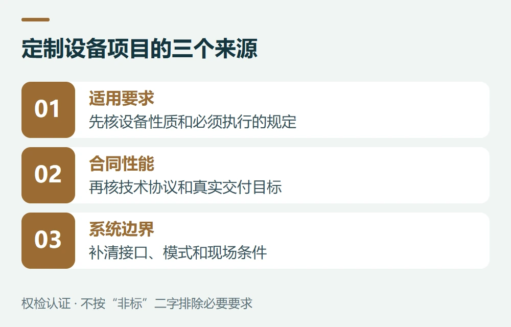 定制设备项目的三个来源:适用要求,先核设备性质和必须执行的规定;合同性能,再核技术协议和真实交付目标;系统边界,补清接口、模式和现场条件