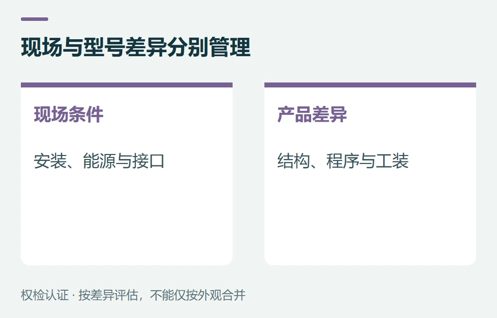 现场与型号差异分别管理:现场条件,安装、能源、负载与接口;产品差异,结构、配置、程序与工装
