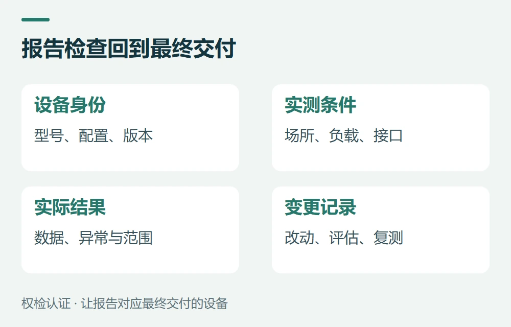 报告检查回到最终交付:设备身份,型号、配置、版本;实测条件,场所、负载、接口;实际结果,数据、异常与范围;变更记录,改动、评估、复测