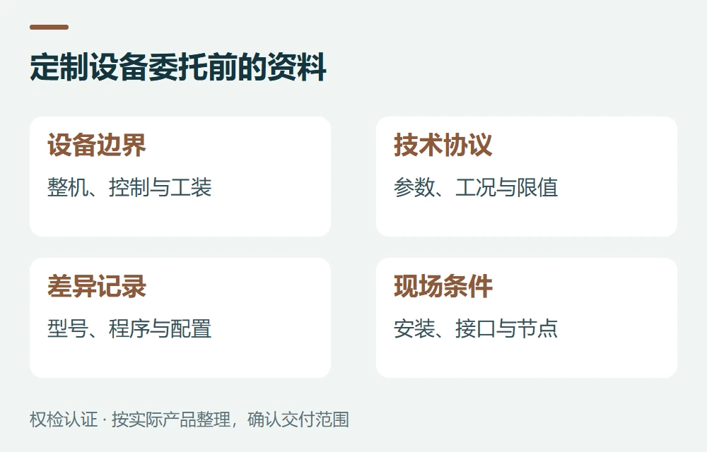 定制设备委托前的资料:设备边界,整机、控制与工装;技术协议,参数、工况与限值;差异记录,型号、程序与配置;现场条件,安装、接口与节点