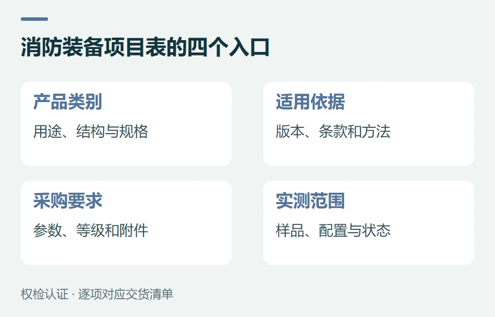 消防装备项目表的四个入口:产品类别,用途、结构与规格;适用依据,版本、条款和方法;采购要求,参数、等级和附件;实测范围,样品、配置与状态
