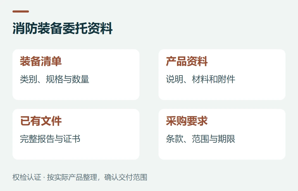 消防装备委托资料:装备清单,类别、规格与数量;产品资料,说明、材料和附件;已有文件,完整报告与证书;采购要求,条款、范围与期限