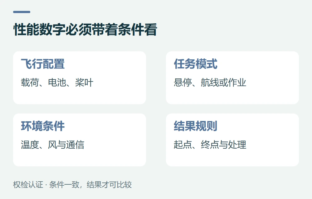 性能数字必须带着条件看:飞行配置,载荷、电池、桨叶;任务模式,悬停、航线或作业;环境条件,温度、风与通信;结果规则,起点、终点与处理