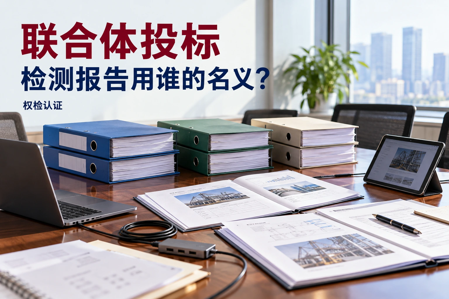 联合体投标,检测报告用谁的名义?|权检认证,AI生成业务场景示意