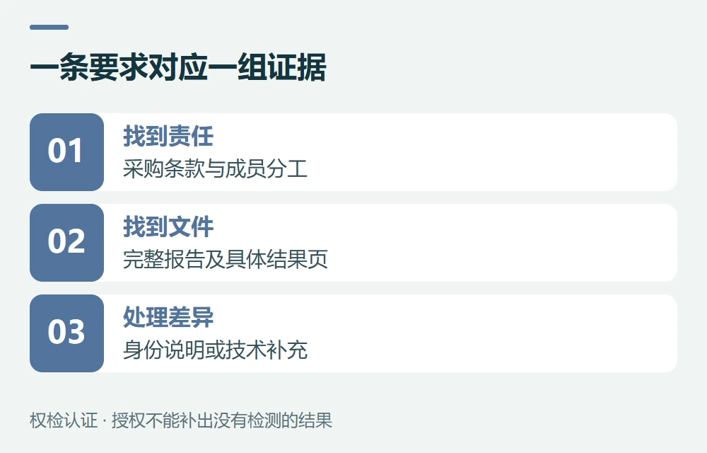 一条要求对应一组证据:找到责任,采购条款与成员分工;找到文件,完整报告及具体结果页;处理差异,身份说明或技术补充