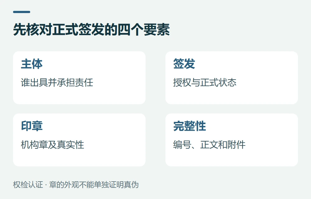 先核对正式签发的四个要素:主体,谁出具并承担责任;签发,授权与正式状态;印章,机构章及真实性;完整性,编号、正文和附件