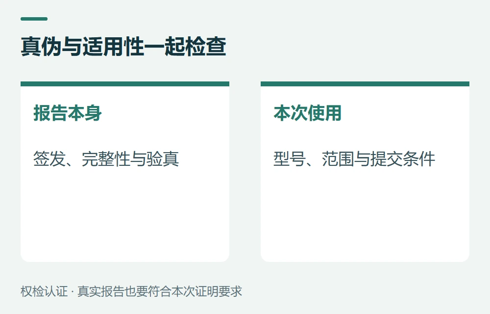 真伪与适用性一起检查:报告本身,签发、完整性与验真;本次使用,型号、范围与提交条件