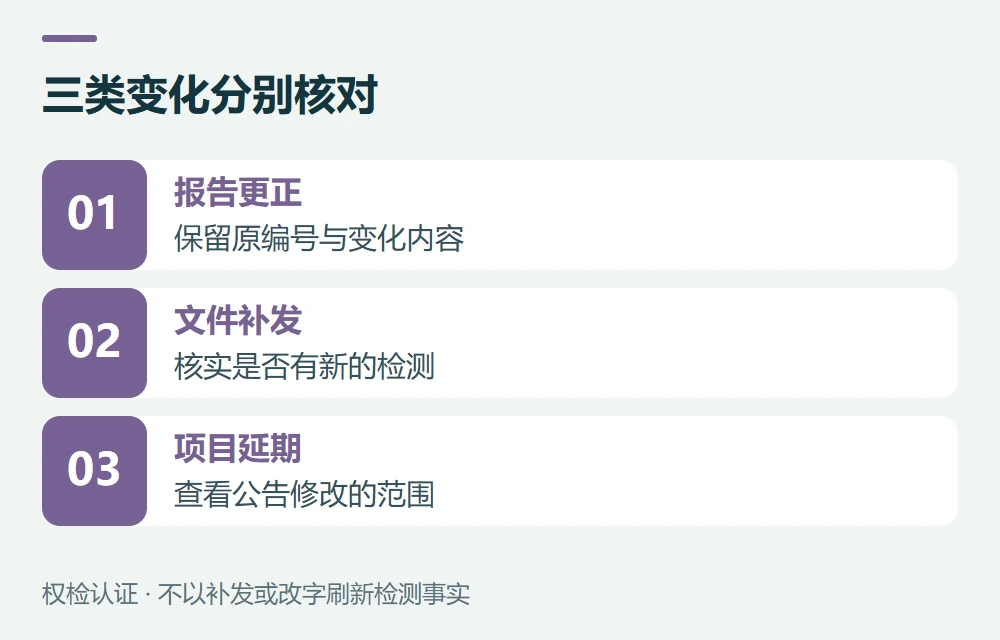 三类变化分别核对:报告更正,保留原编号与变化内容;文件补发,核实是否有新的检测;项目延期,查看公告修改的范围