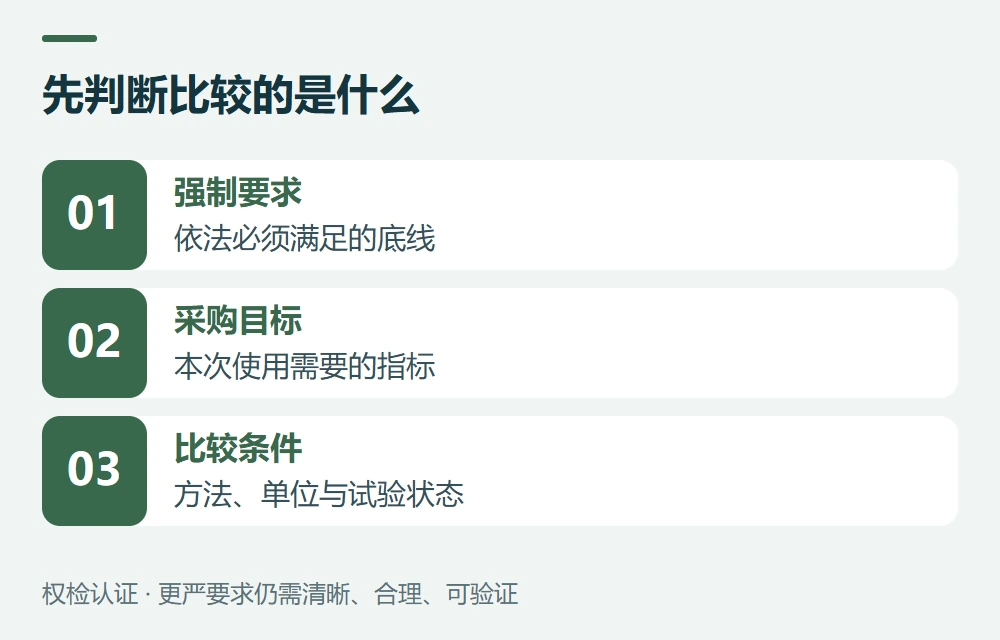先判断比较的是什么:强制要求,依法必须满足的底线;采购目标,本次使用需要的指标;比较条件,方法、单位与试验状态